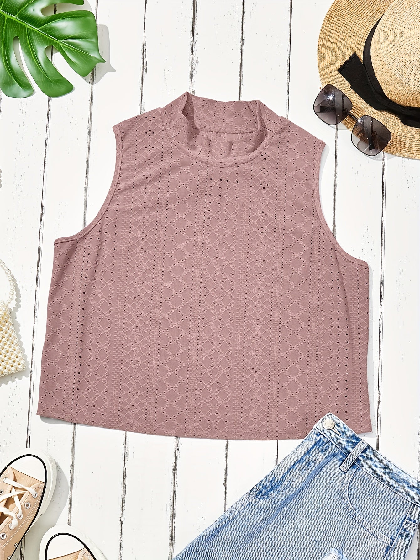  Solid Eyelet Embroidery Mock Neck Tank Top
