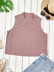  Solid Eyelet Embroidery Mock Neck Tank Top