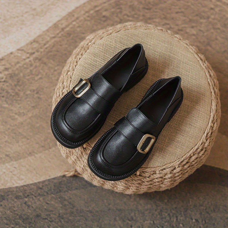 Chunky Heel Loafers Retro Buckle Faux Leather Shoes Comfortable Walking