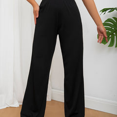  Solid Elastic High Rise Loose Fit Trousers