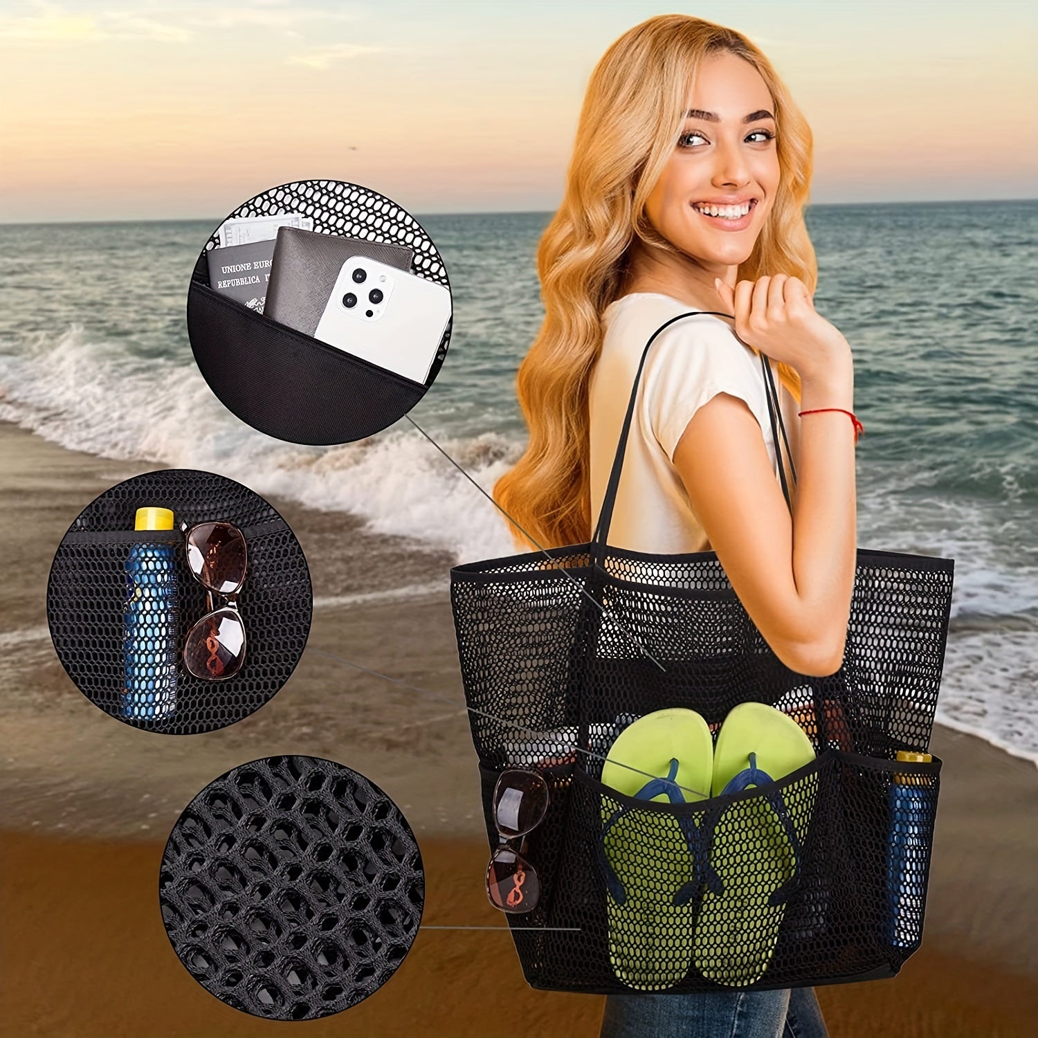 Large Capacity Mesh Beach Tote Bag Travel Swimming Storage Toiletry Bag