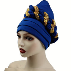 Sequin Braid Turban Cap Pleated Head Wrap Elastic Bonnet Chemo Hats