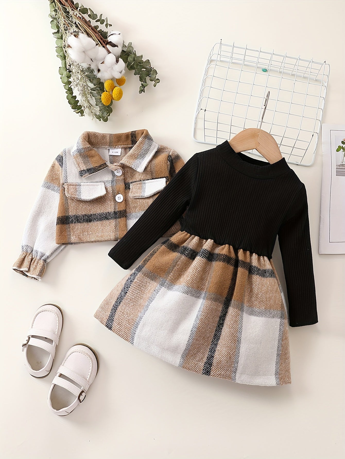 Baby Girls Preppy Style Plaid Long Sleeve Dress Set
