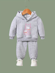 Cat Pattern Hooded Sweatshirt & Sweatpants Set for Girls