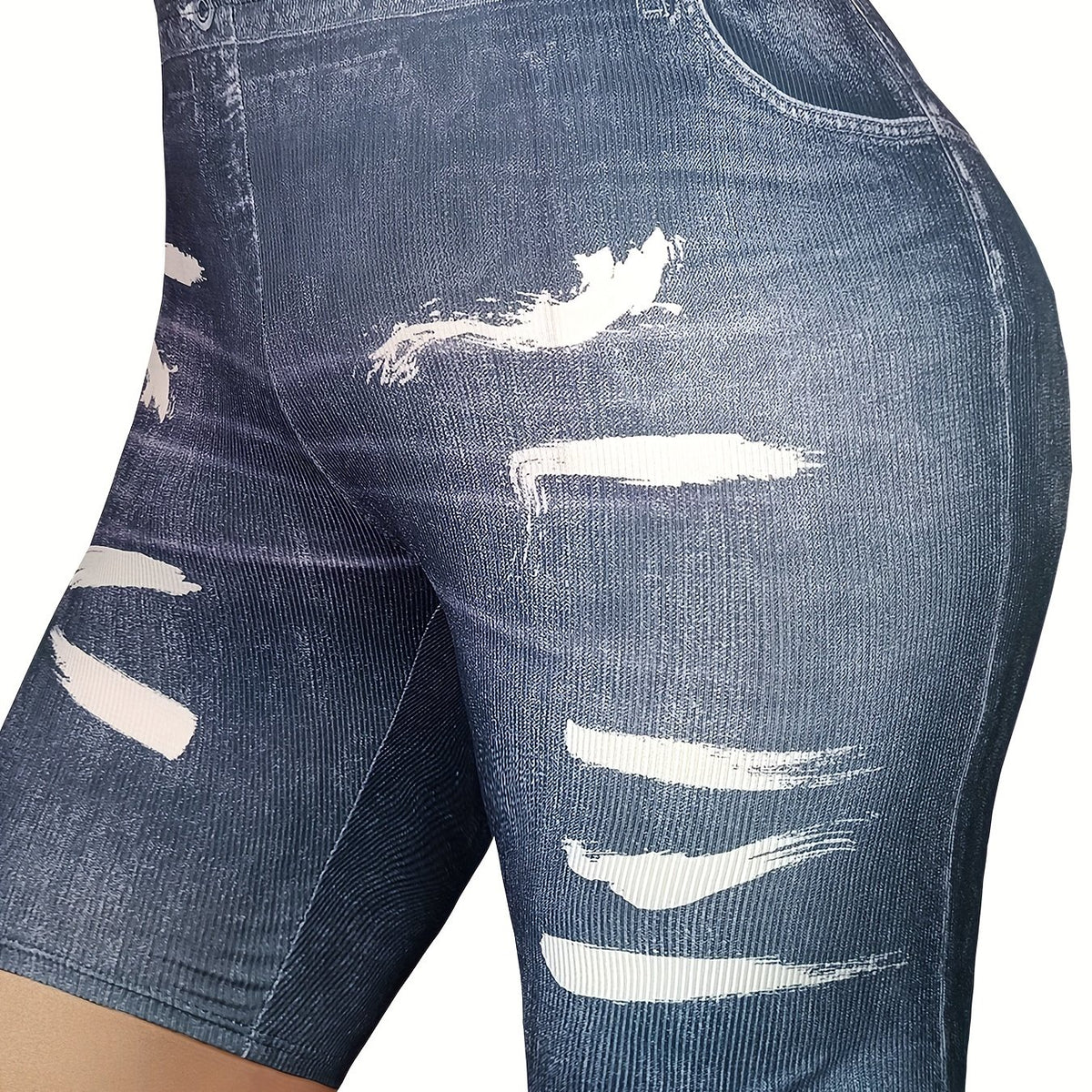  Denim & Brush Print High Rise Skinny Shorts