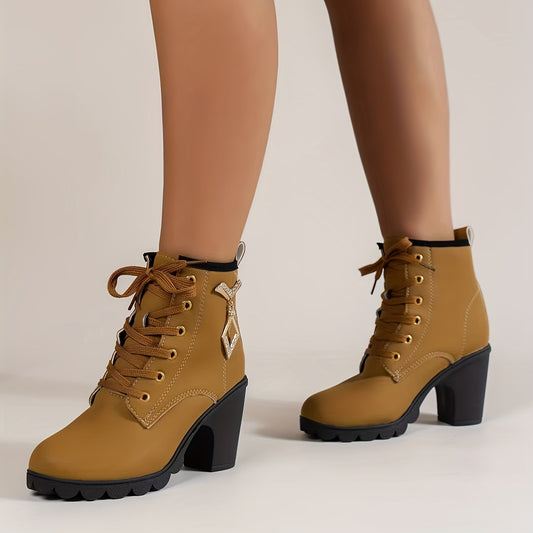 Women's Chunky Heeled Ankle Boots Retro Solid Lace Up High Heels
