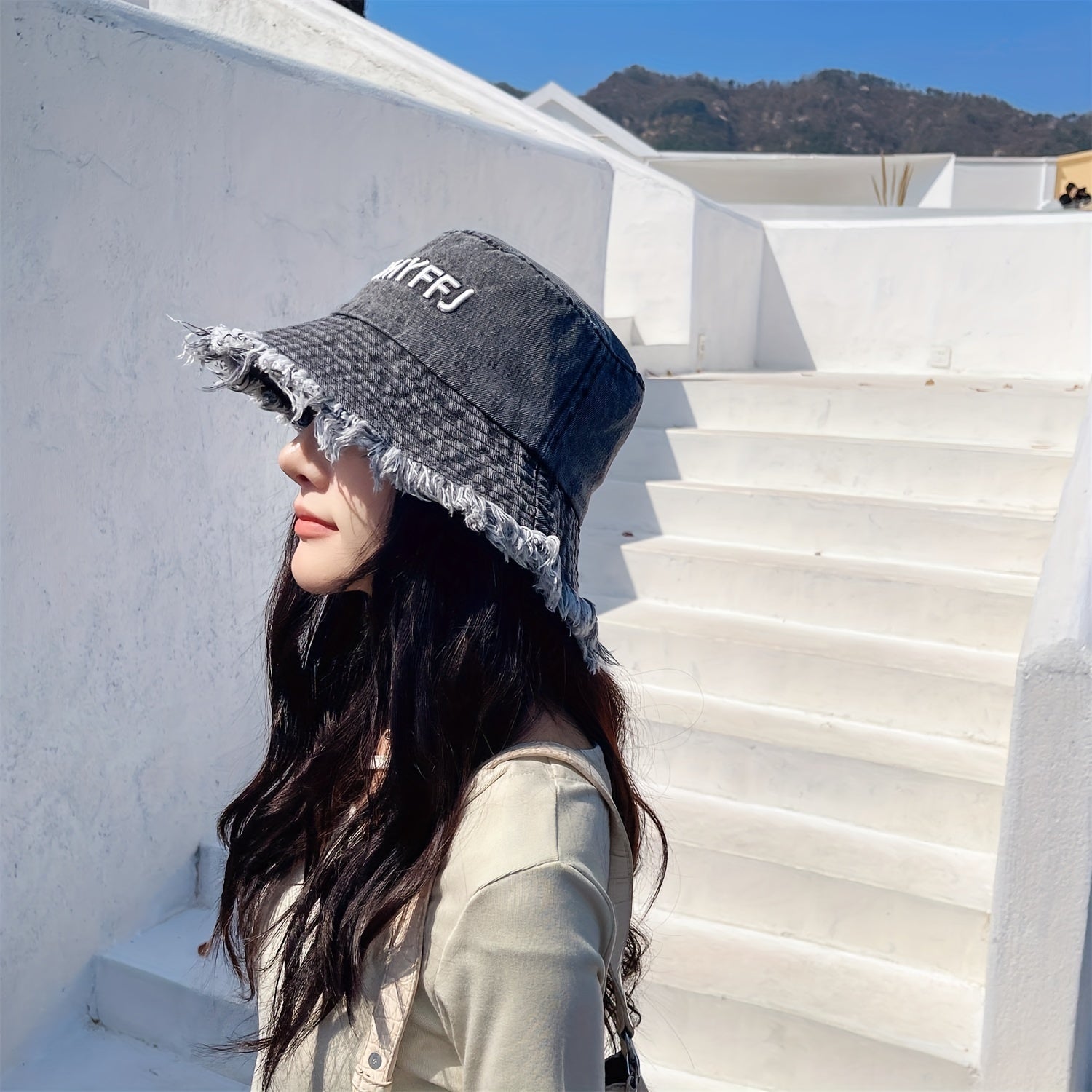 Distressed Denim Bucket Hat Vintage Washed Fisherman Cap