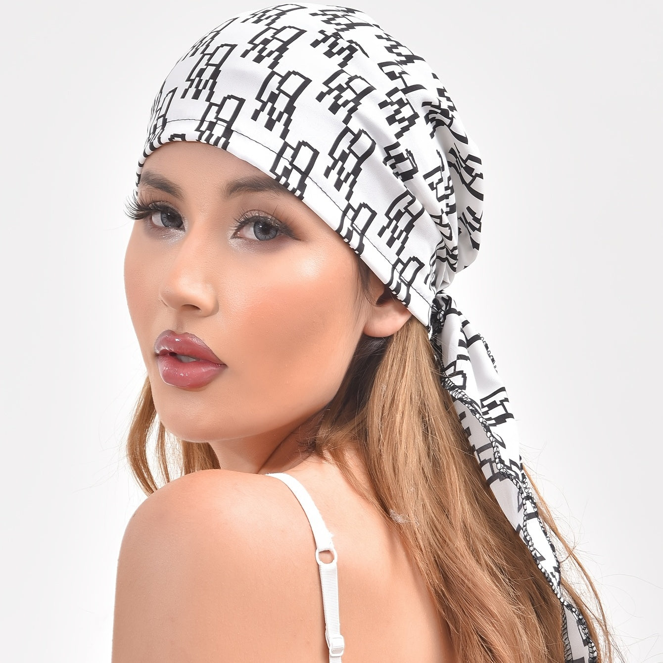 Geometric Print Turban Hat Hair Cap Lightweight Ribbon Long Hair Bonnet