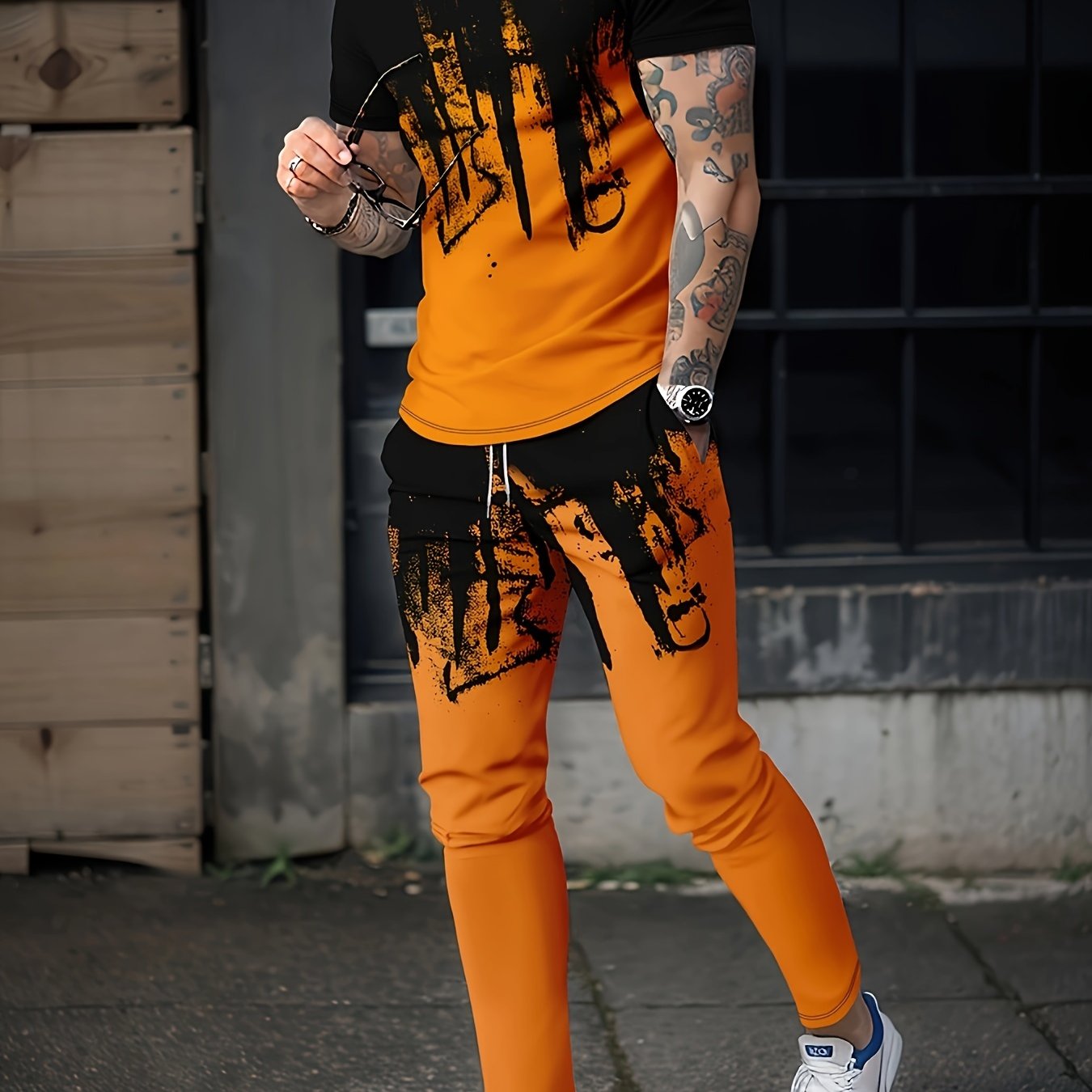Ink Pattern Men's 2 Piece Outfits T-shirt & Sweatpants Set