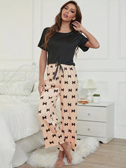 Bow Print Pajamas Set Short Sleeve Crew Neck Top & Lounge Pants