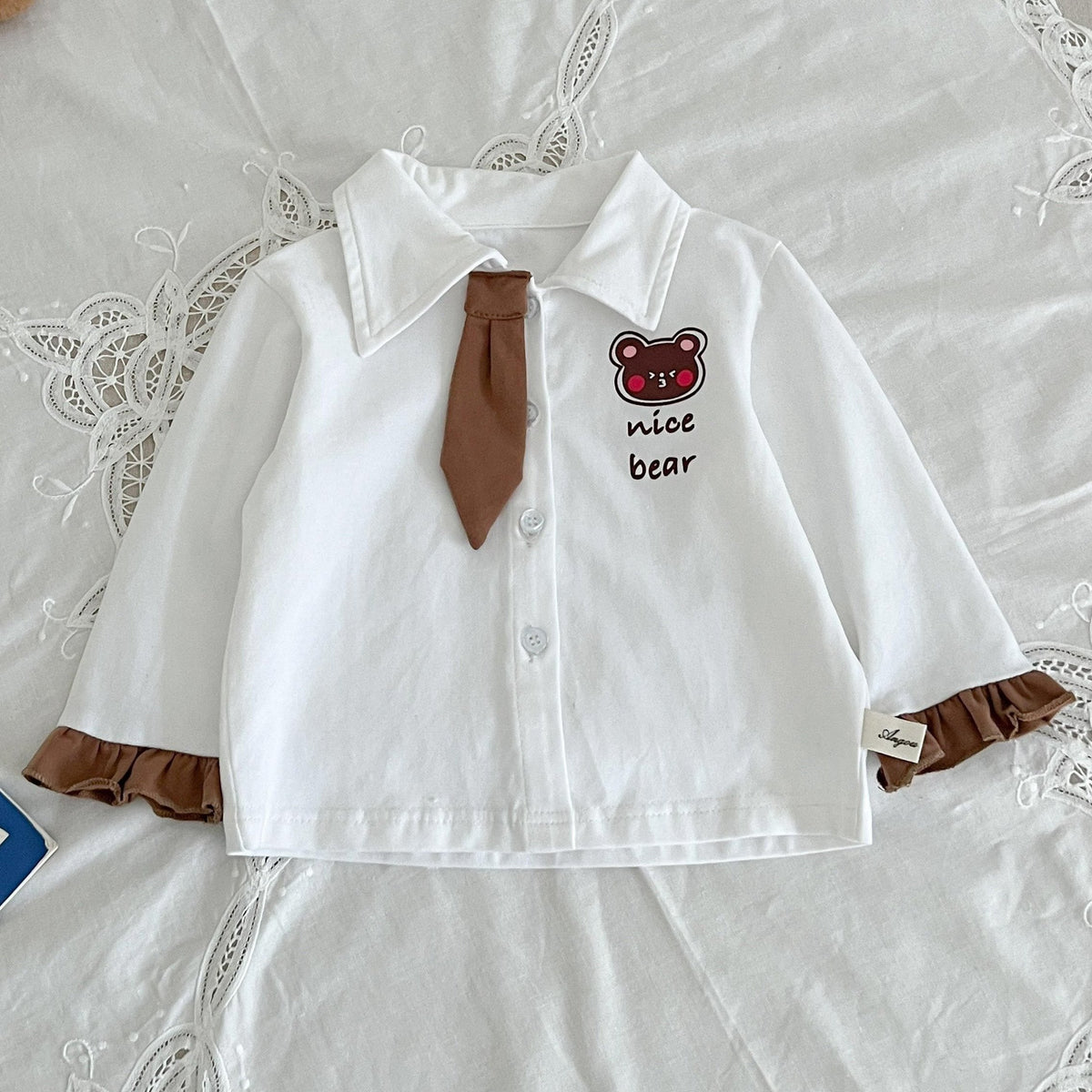 Baby Girl Preppy Style Polo Shirt with Bear Graphic Top