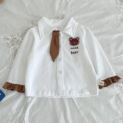 Baby Girl Preppy Style Polo Shirt with Bear Graphic Top