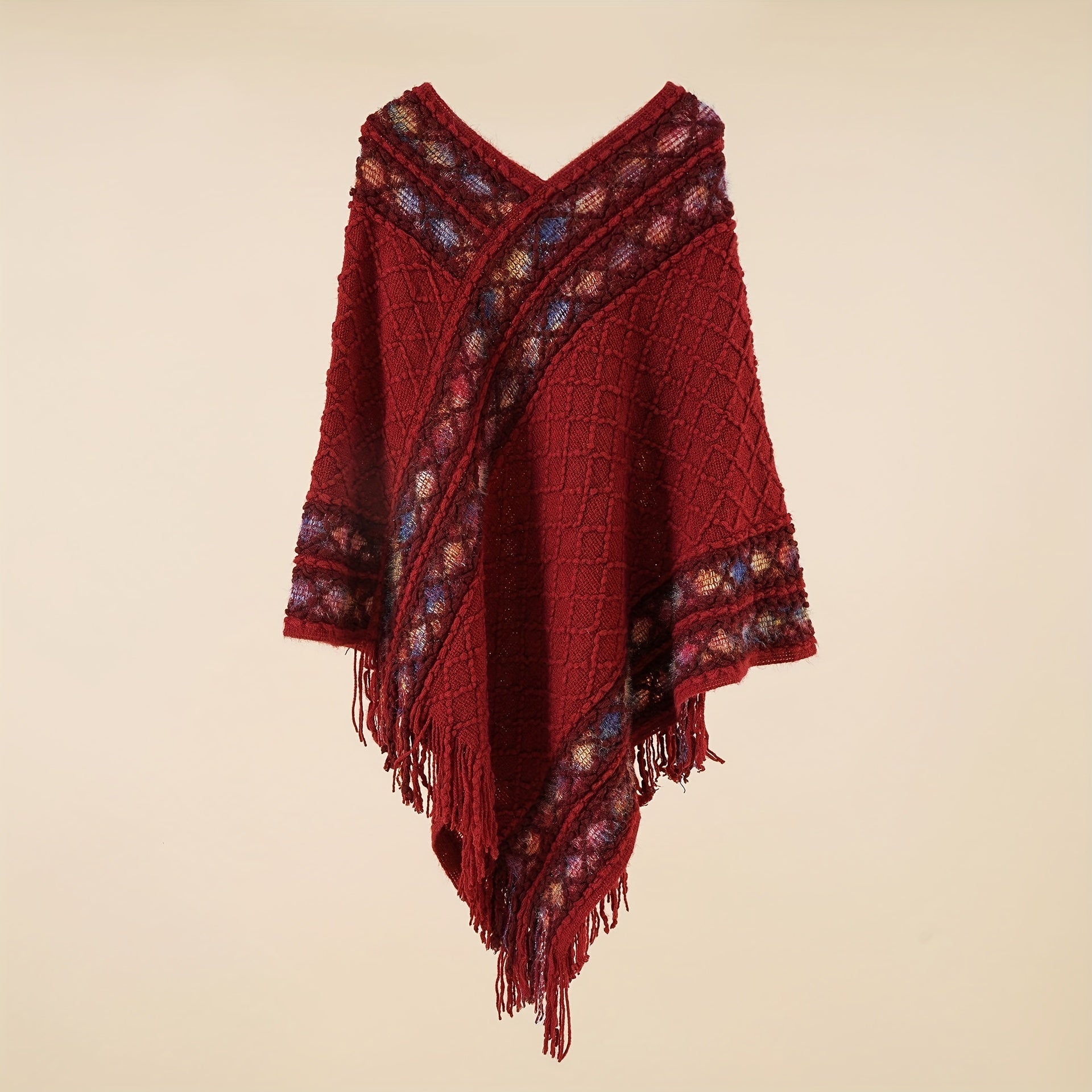 Boho Plaid Knitted Tassel Shawl Vintage Thickened Cape