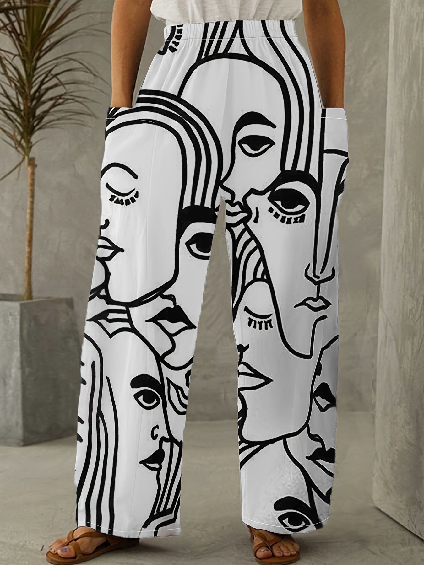  Casual Pants Women's Abstract Face Print Wide Leg Trousers
