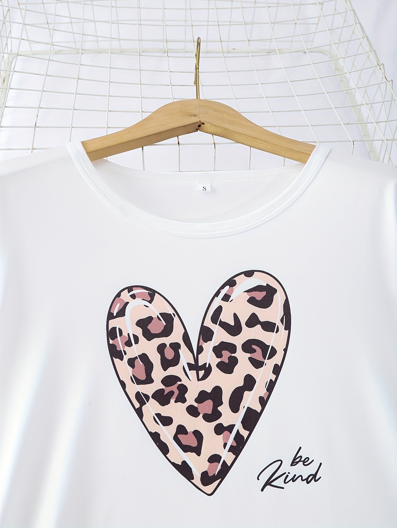 Heart Print Lounge Set Long Sleeve Crew Neck Top & Leopard Shorts