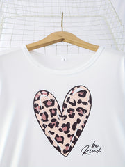 Heart Print Lounge Set Long Sleeve Crew Neck Top & Leopard Shorts