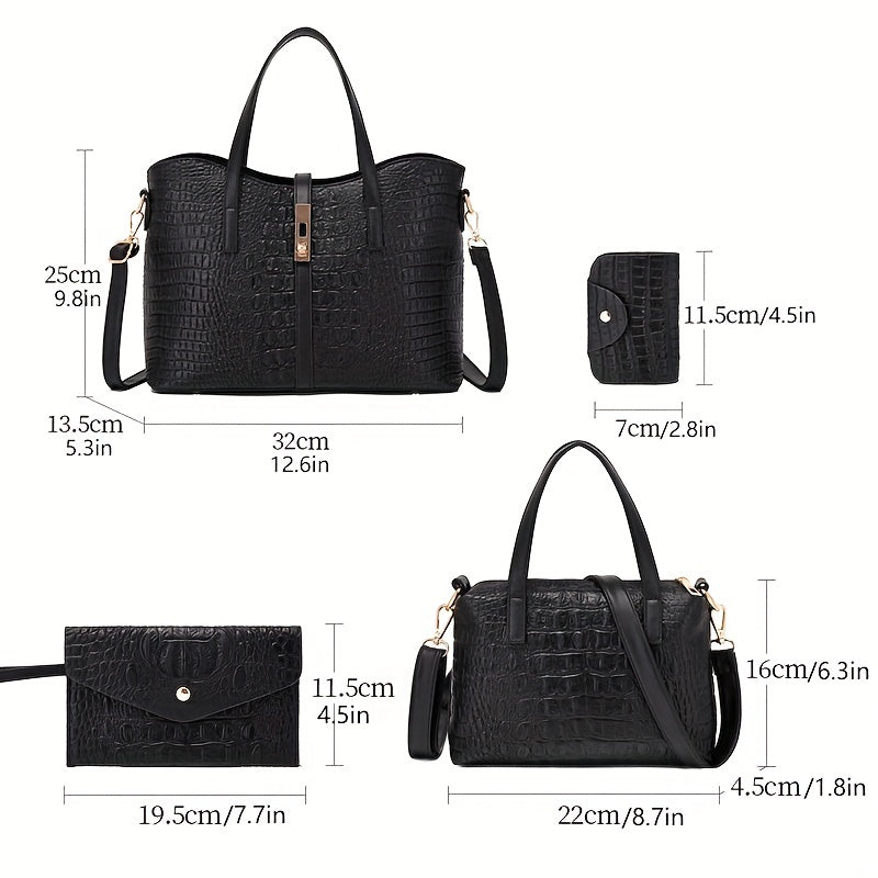 Crocodile Pattern Handbag Set Tote Bag Crossbody Satchel Purse Wristlet Clutch