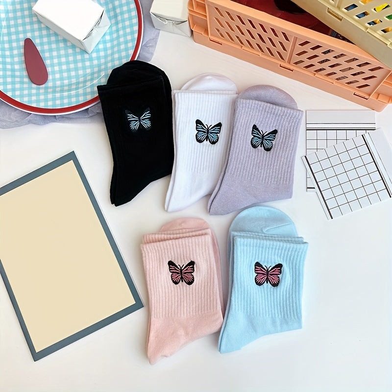 5 Pairs Butterfly Embroidery Socks Mid Tube Stockings