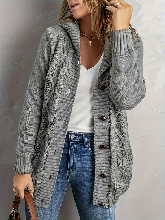  Solid Long Sleeve Hooded Sweater Cardigan