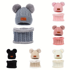 Toddler Winter Pompom Knit Cap Mittens Neck Warmer Set