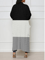  Colorblock Cable Long Sleeve Open Front Long Cardigan