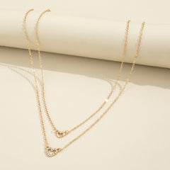 Love Faux Diamond Stacked Necklace Female Peach Heart Clavicle Chain 2pcs