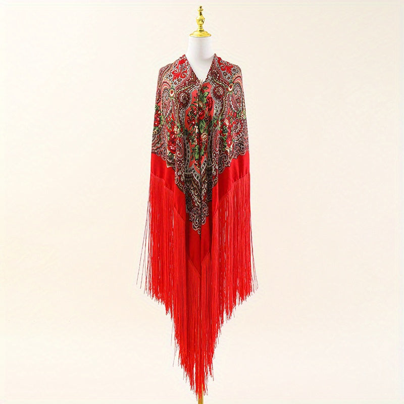National Style Printed Shawl Long Fringed Retro Shawl Wrap