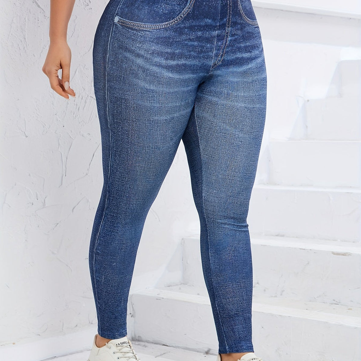  Denim Print High Waist Leggings Women's Plus Basic Leggings