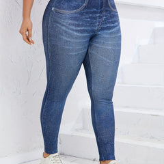 Denim Print High Waist Leggings Women's Plus Basic Leggings