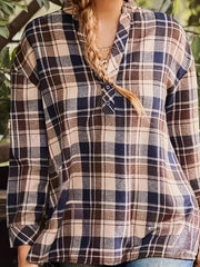  Plaid Print Long Sleeve Loose Fit Shirt Top