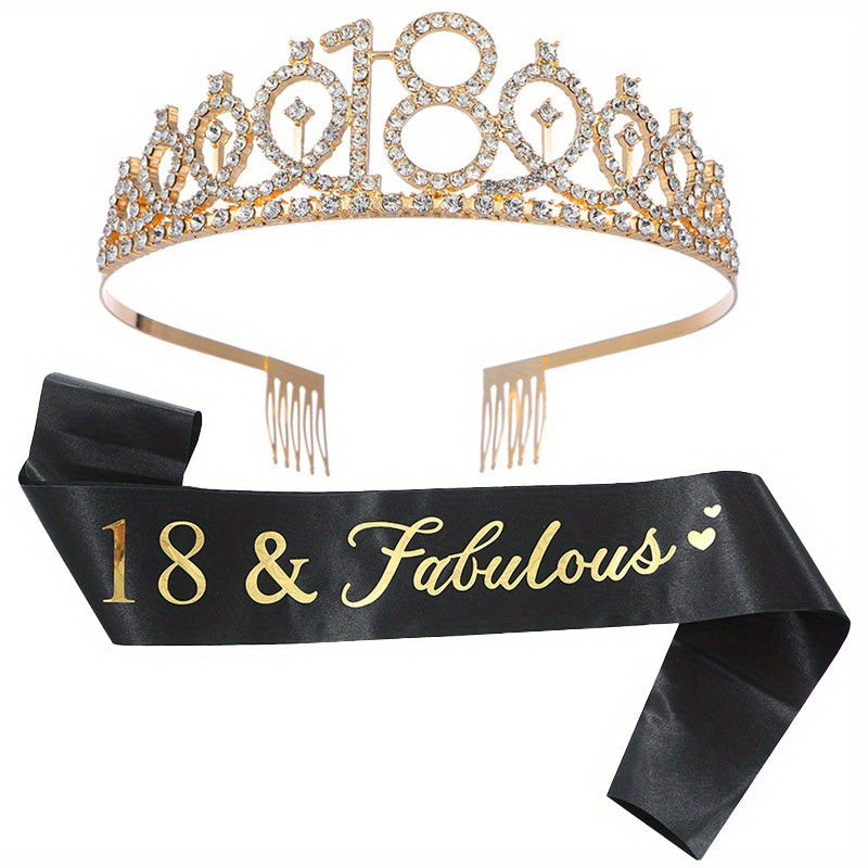 Rhinestone Tiara Crown & Sash Set for Birthday Party - Women Girls
