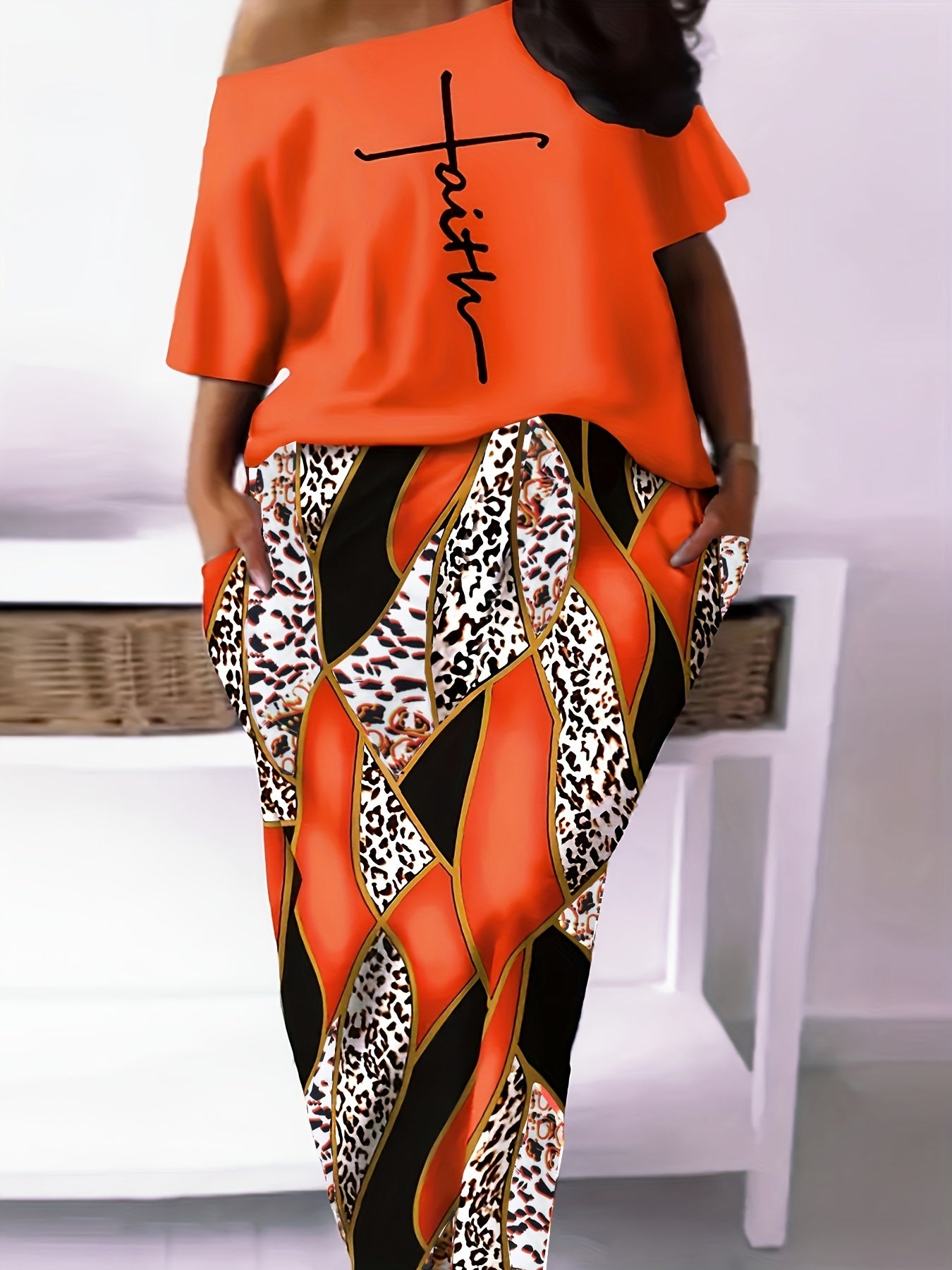  Cross Print Top & Leopard Print Skirt Set