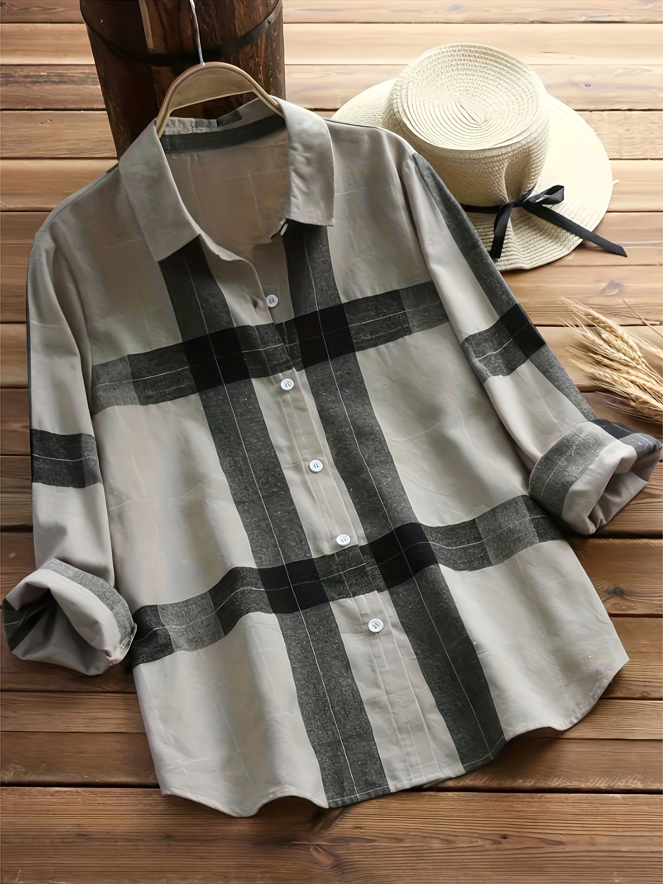  Plaid Print Button Up Long Sleeve Blouse