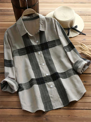  Plaid Print Button Up Long Sleeve Blouse