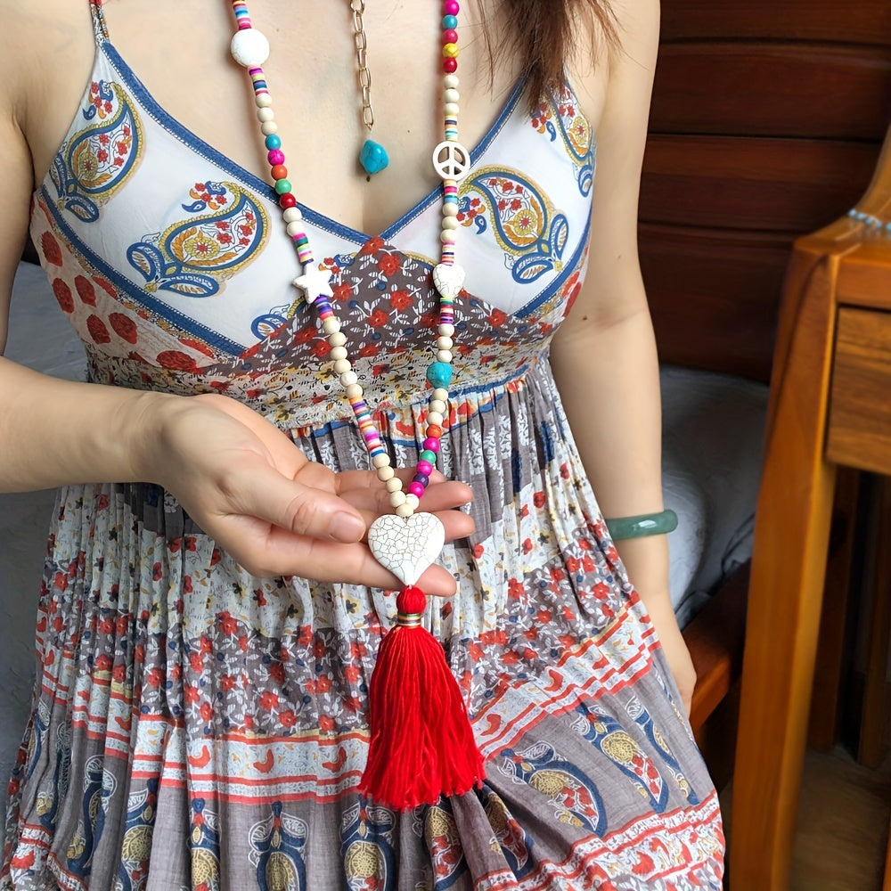 Colorful Beaded Tassel Long Necklace Stone Pendant Boho Summer Jewelry