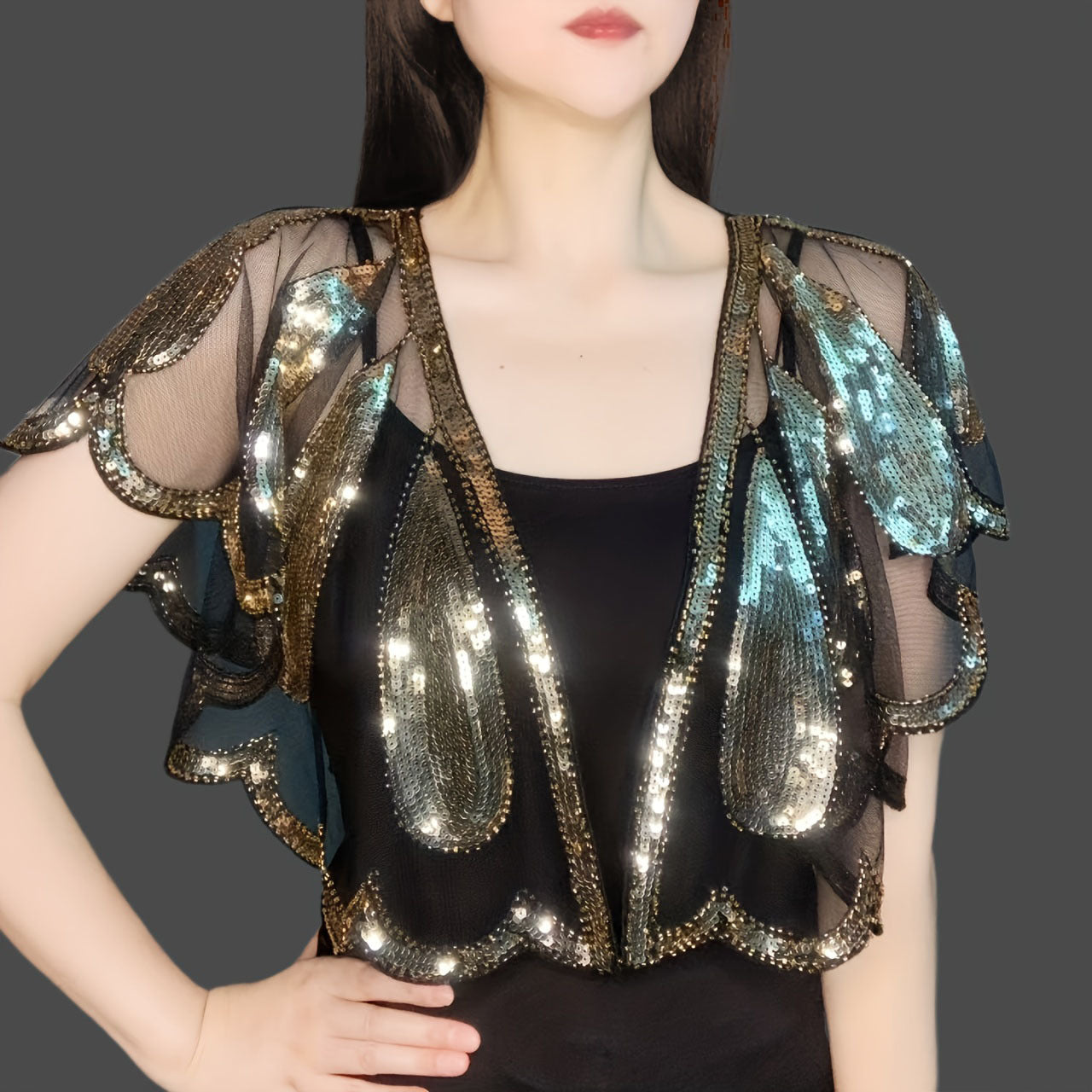 Leaf Embroidery Sequin Shawl Women's 1920s Shawl Wrap Beaded Evening Cape
