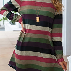  Stripe Print Long Sleeve Round Neck Loose Fit Dress