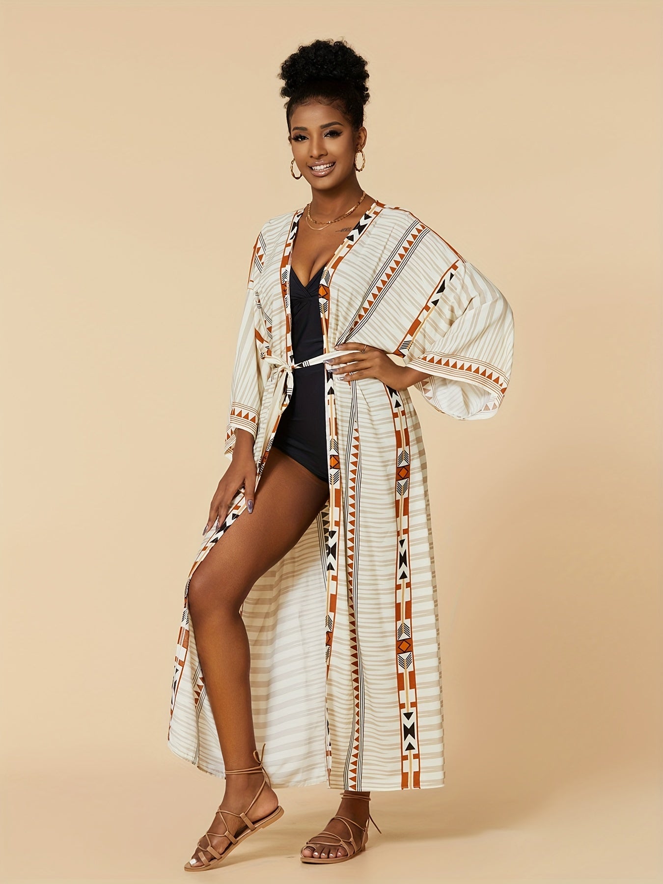 Boho Cover Up Women's Plus Tribal Print Long Sleeve Cover Up