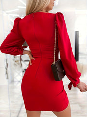  Solid Lantern Sleeve Sweetheart Neck Party Dress