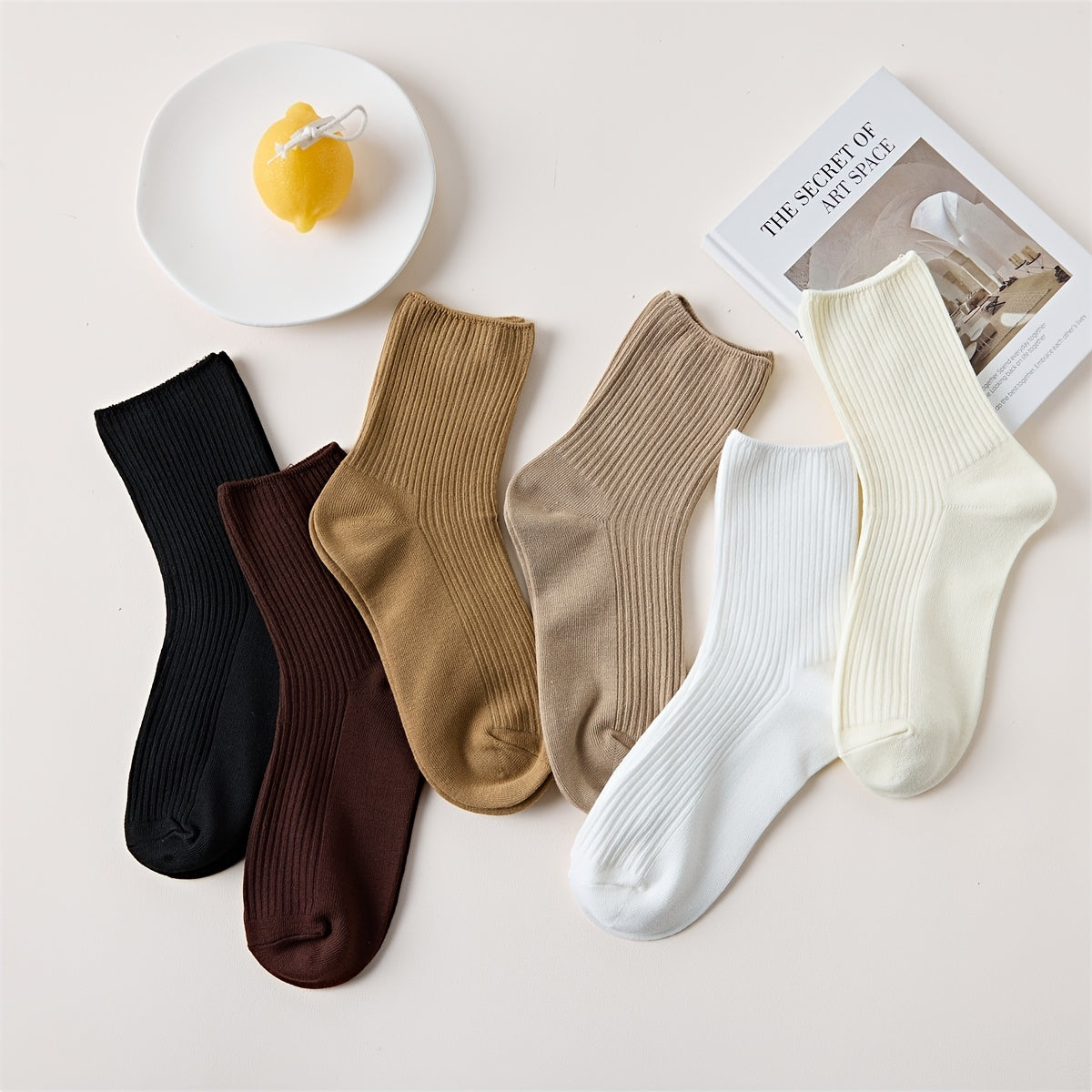 Women's Solid Ribbed Crew Socks Soft & Comfy Mid Tube Stockings