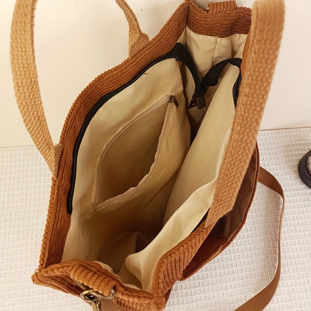 Corduroy Totes Bag For Women Solid Crossbody Bag Pocket Front Handbag For Travel