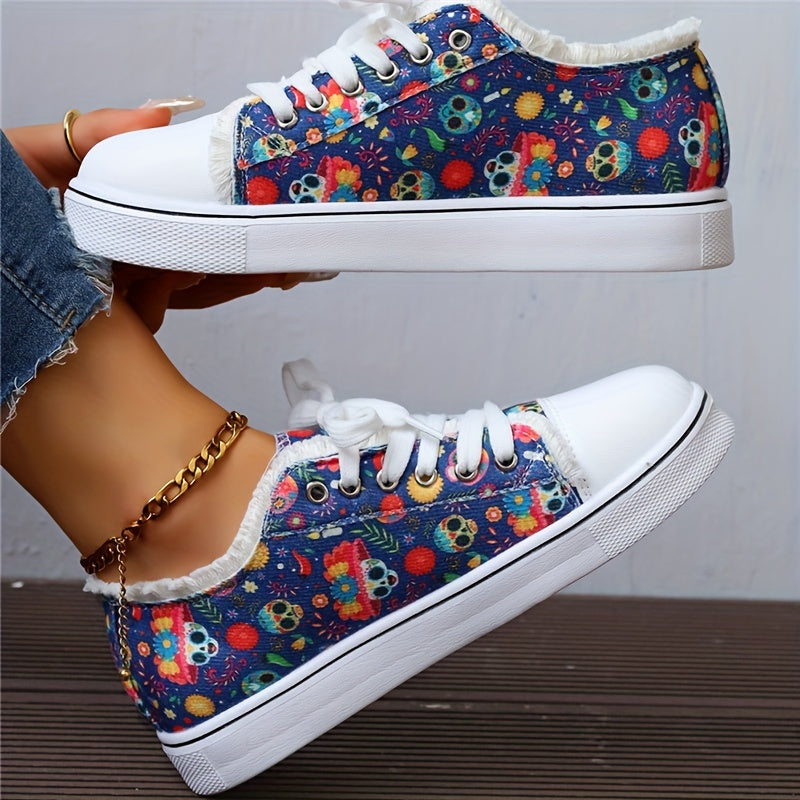 Women's Skull Pattern Canvas Flats Halloween Sneakers