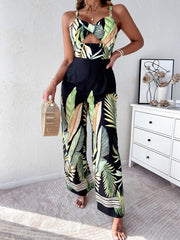 Tropical Print Suspender Jumpsuit for Women