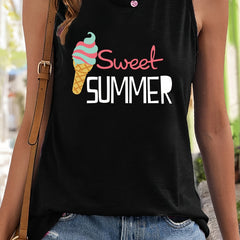 Ice Cream & Letter Pattern Sports Vest Sleeveless Casual Top Women's Activewear