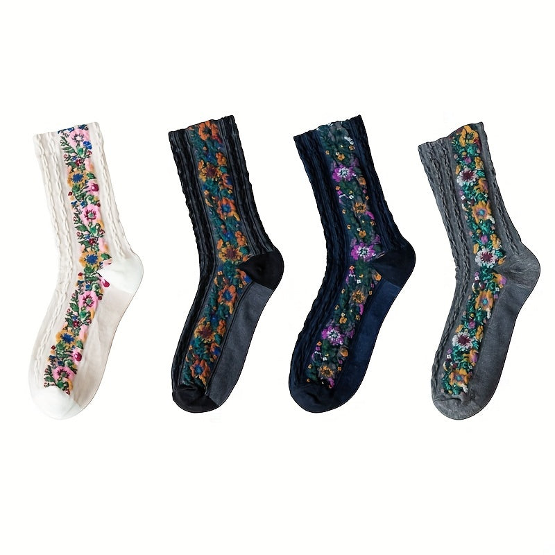 Floral Print Socks Retro Court Style Mid Tube Women's Stockings