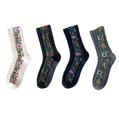 Floral Print Socks Retro Court Style Mid Tube Women's Stockings