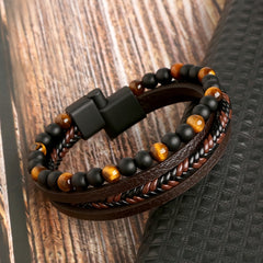Layered Braided Leather Bracelet Tiger Eyestone Beaded Punk Accessory