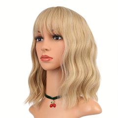 Short Bob Curly Hair Wig with Bangs Synthetic Fiber Heat Resistant for Women