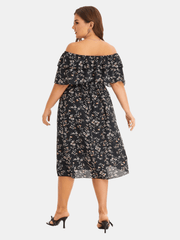  Ditsy Print Off Shoulder Ruffle Trim Dress