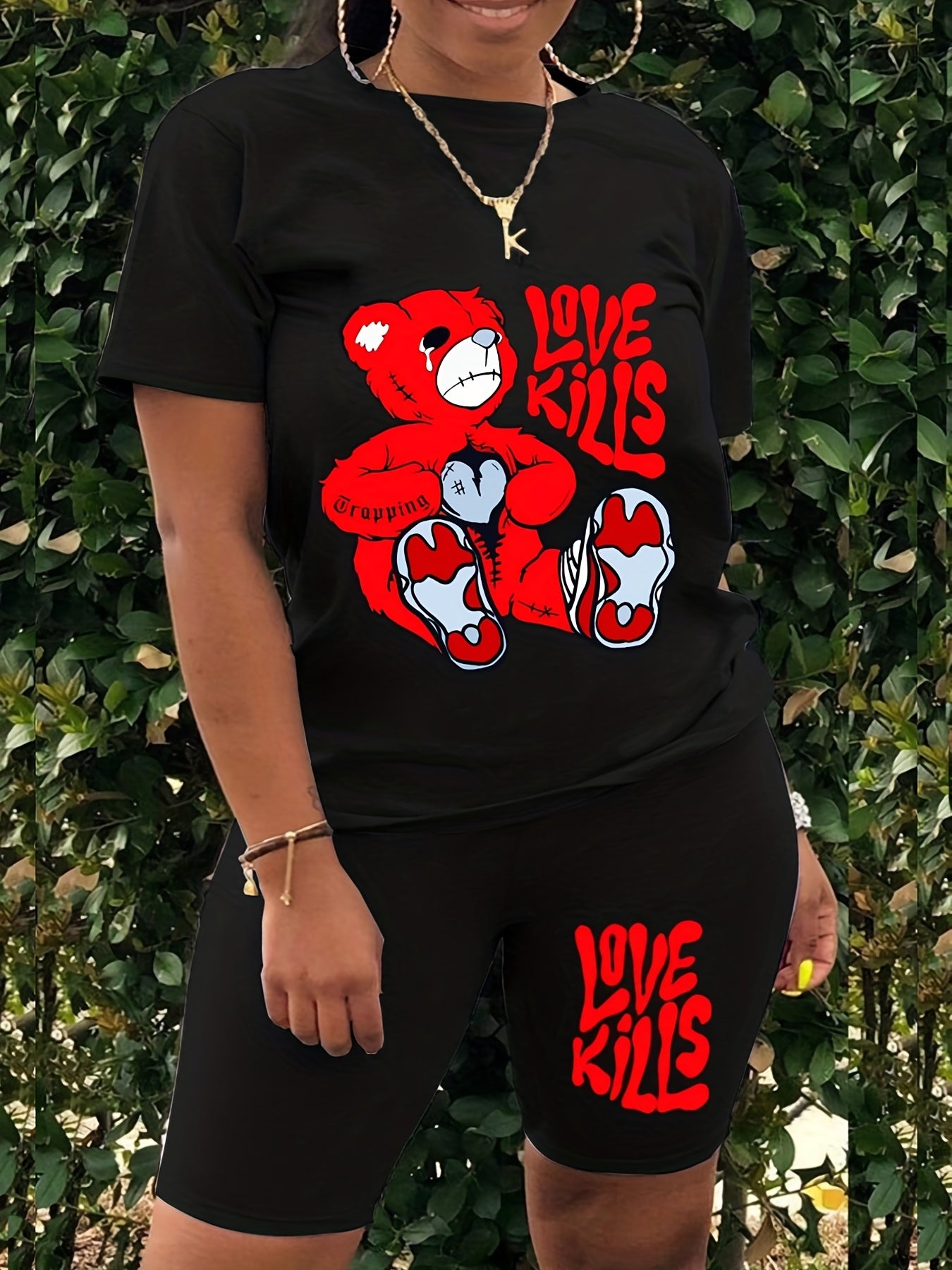 Casual Bear Print Two piece Set Short Sleeve T shirt & Skinny Shorts